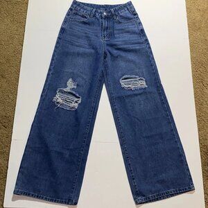 Shein High Waist Wide Leg Denim Jeans Womens size 6 Medium Med Wash Distressed